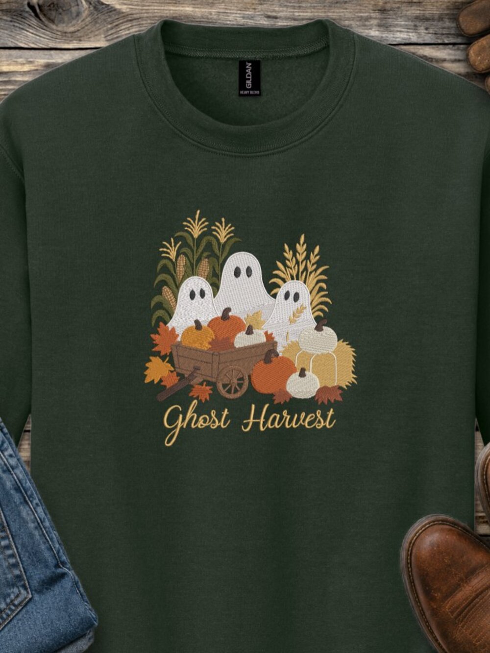 Ghost Harvest Embroidered Sweatshirt Pumpkin Fall Autumn Leaves Halloween Gift